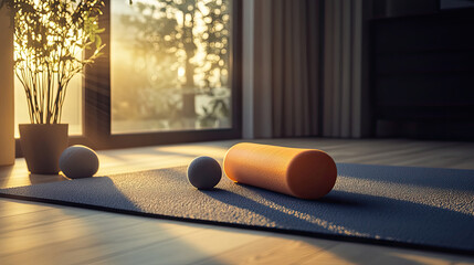 Faszienrolle und Massageball auf einer Yoga-Matte im morgendlichen Sonnenlicht - Konzept Fitness und Entspannung zu Hause