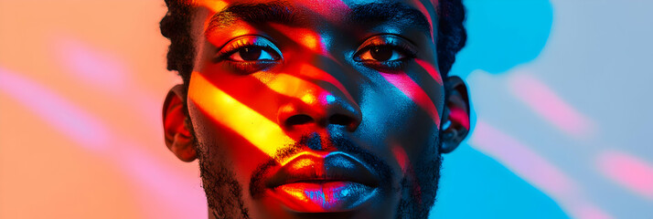 Close-up portrait of a man with colorful light projections on his face, showcasing vibrant hues and artistic illumination