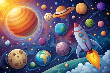 Naklejka premium Colorful Cartoon Space Scene with Planets, Stars, and Rocket Ship in a Whimsical Outer Space Setting