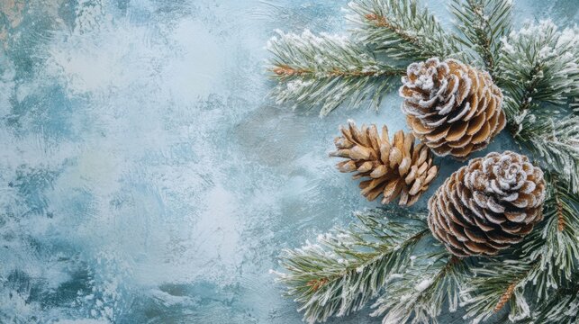 Frost-touched pine cones and green branches on a cool icy blue background, offering a peaceful winter holiday decor scene.