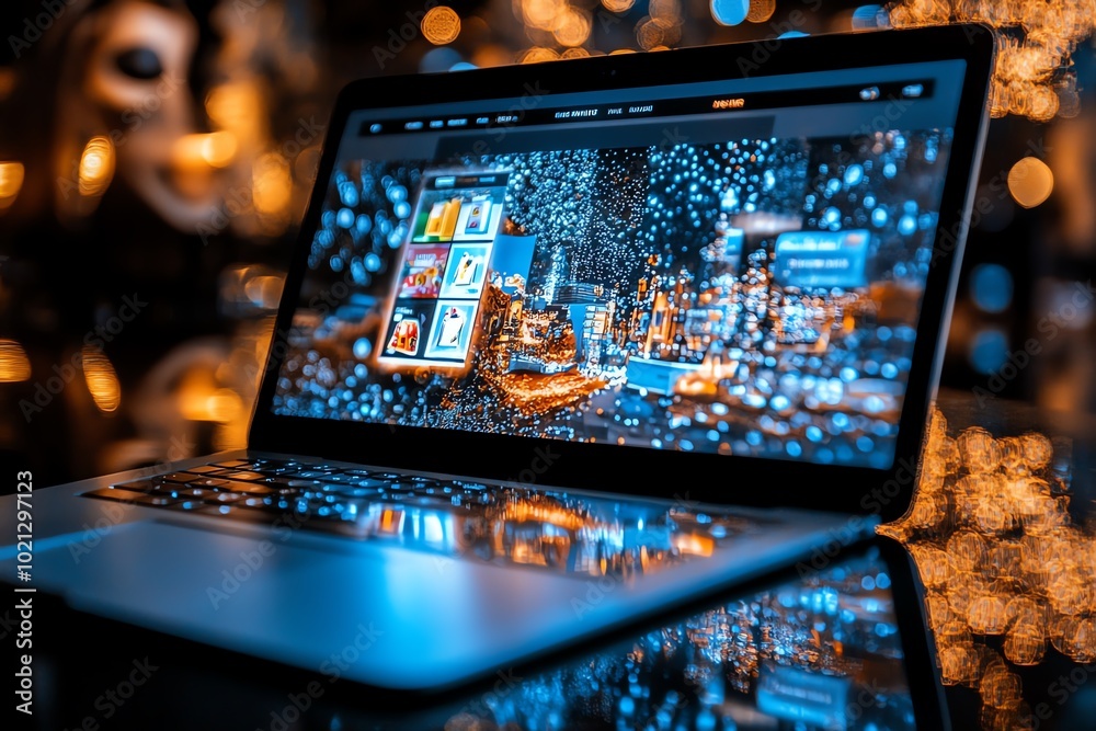 Poster hyper-realistic depiction of a laptop screen showing a vibrant online shopping site, with detailed r