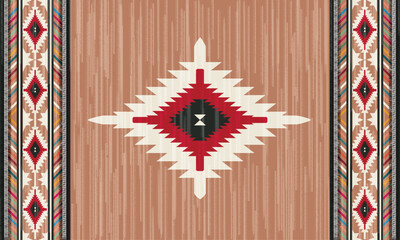 A complex, Aztec-inspired pattern with a central diamond shape in red, black, and white. The pattern is surrounded by smaller diamonds and bands of color, set against a brown background.