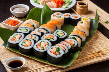A platter of beautifully arranged futomaki rolls filled with fresh vegetables tamagoyaki, Ai Generated