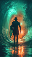 Fototapeta premium Silhouette of a Surfer Standing in a Wave Tunnel with Green and Orange Lighting