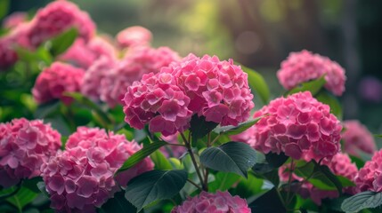 Fototapeta premium Pink Hydrangeas in Full Bloom: A Garden Delight