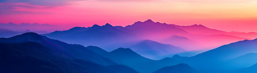 Fototapeta premium A Vibrant Panorama of Mountains Bathed in a Pink and Blue Sunset, a Serene Landscape of Layers and Hues