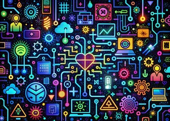 Obraz premium Colorful computer science clip art featuring coding symbols, circuit patterns, and technology icons