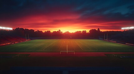 A vibrant sunset casts a warm glow over a serene sports field, with empty stands framing the tranquil scene of dusk.