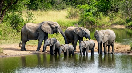Fototapeta premium A family of adult and juvenile African elephants gathers at a water source in Kruger National Park, South Africa. The elephants are drinking water and enjoying the shade. 