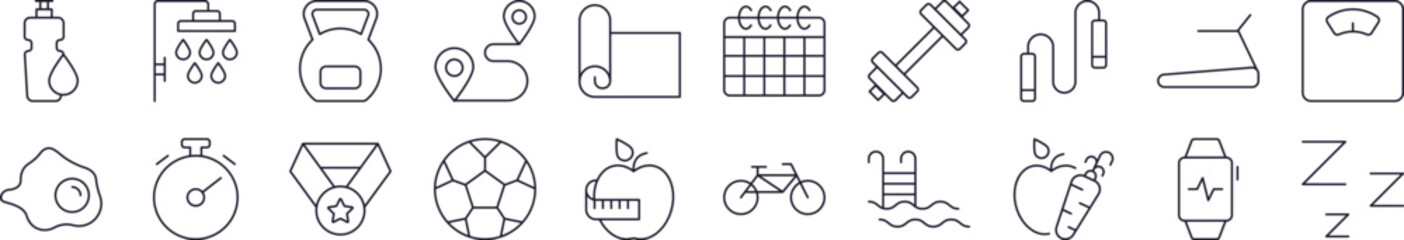 Collection of Images of Healthy Lifestyle, Fitness, Wellness Drawn with Thin Line for apps, web sites, banners, infographics and other types of design