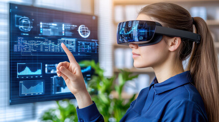 A woman with virtual reality goggles interacts with digital data visualizations in an office environment.