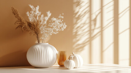 An Elegant Autumn Still Life featuring a White Vase beautifully complemented by Decorative Pumpkins