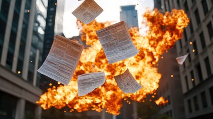 A burning stock ticker tape, financial documents scattered in the wind, city skyline on fire.