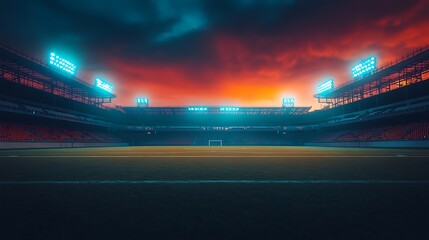 A vivid sunset casts a dramatic glow over an empty stadium, highlighting its empty field and illuminated stands, evoking anticipation for upcoming events.