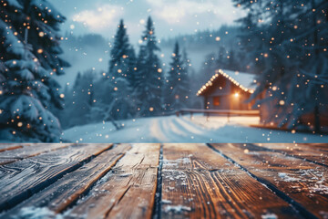 Empty wooden table top with blurred snow-covered house and forest in the background.