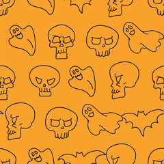 Halloween holiday Doodle Seamless Pattern background. Pumpkin, Ghost, Bat, Skull Sketch style vector Wallpaper Orange texture hand drawn design repeat design for fabric.