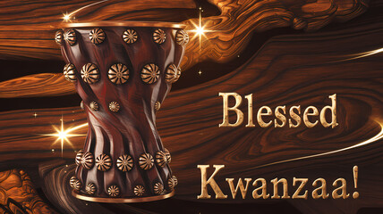 Blessed Kwanzaa greeting with ornate unity cup on wooden background