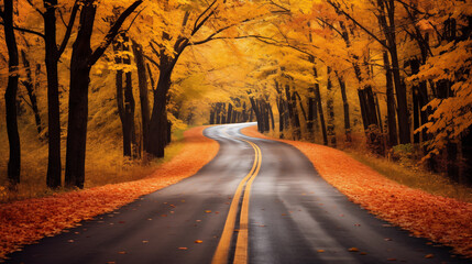 Obraz premium An asphalt road stretching forward in the bend of the road, red maple trees on both sides