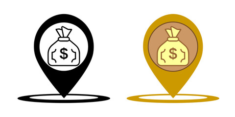 Money dollar map pin pointer marker sign icon vector graphic illustration set, simple pictogram of cash exchange or bank atm navigation point location arrow black red yellow image clipart