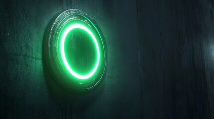 A green circular traffic light with a green backlight is mounted on a dark wall. The light indicates movement or a go signal. The image is a 3D rendering. 