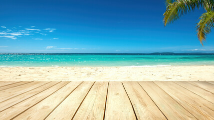 Tropical beach scene with clear blue waters and a wooden welcome sign on sunlit wooden deck.