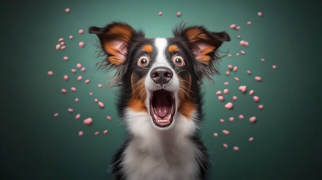 Comically exasperated and gleeful canine with astonished eyes and slightly parted mouth showcasing a humorous and charismatic disposition in a cinematic digital