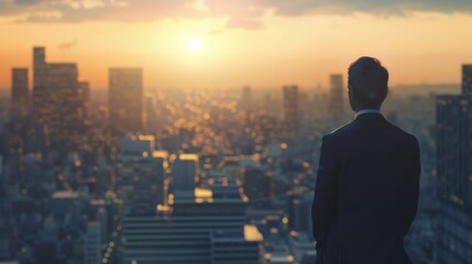 Silhouette of a Man Looking at Cityscape at Sunset