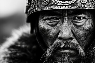 Close-Up Black-and-White Portrait of a Mongol General Wearing a Fur Cape and Intricate Helmet