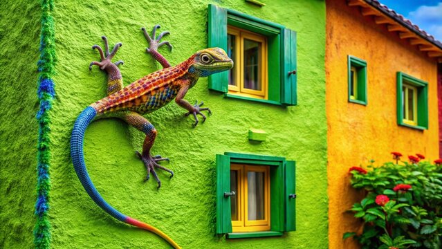 Colorful Indian Home Lizard Climbing on a Wall with Vibrant Green Background in Natural Habitat
