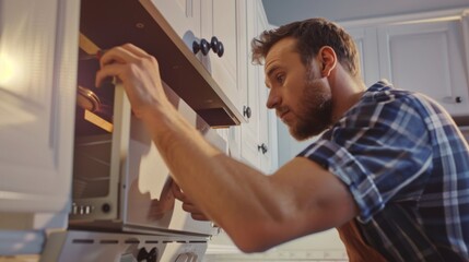 Obraz premium Man Repairing Oven in Kitchen: Home Appliance Maintenance