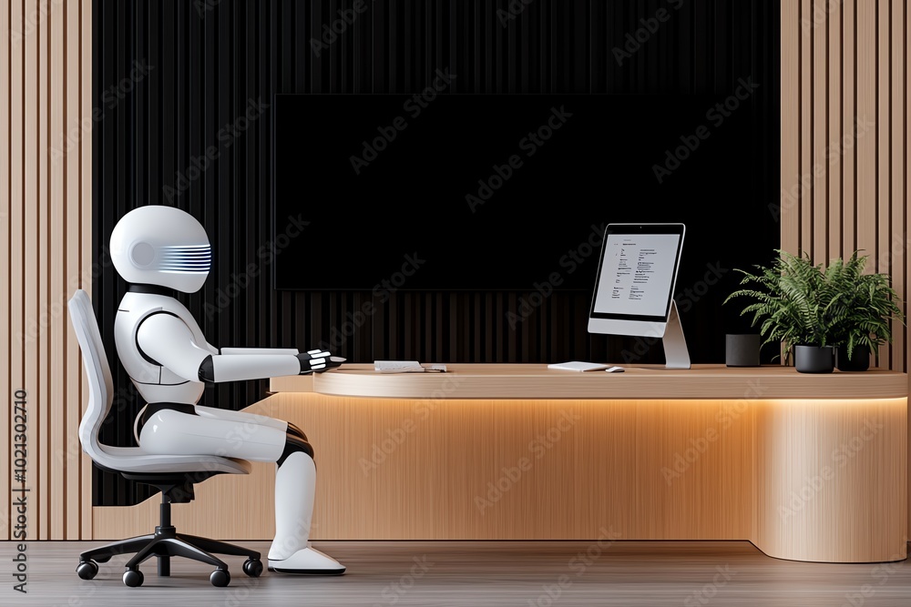 Poster Minimalist depiction of a digital work environment with clean lines representing human and AI collaboration in tomorrowâ€™s workforce