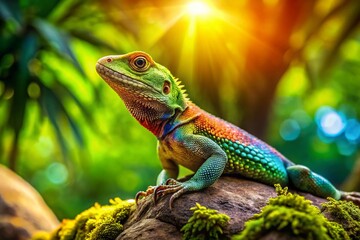 Fototapeta premium Colorful lizard basking in sunlight on a rock in a lush green environment, showcasing its vibrant scales