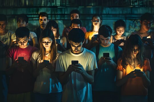 group of people with addiction for digital technology and smartphones looking at social media