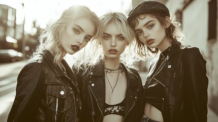 Three Women in Black Leather Jackets Standing in Urban Setting