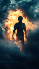 Obraz premium A Silhouette of a Man Emerging from a Glowing Cloud with a Dramatic Sky in the Background