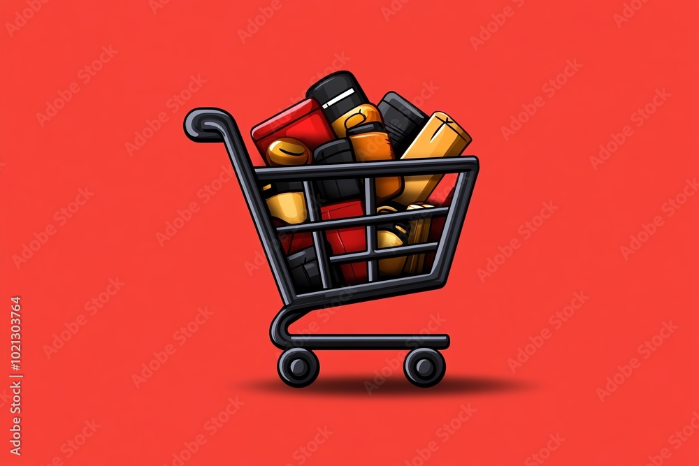 Aufkleber minimalist design of a shopping cart icon filled with digital products, symbolizing the simplicity a