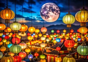 Colorful Mid Autumn Lanterns Glowing in the Night Sky Celebrating the Harvest Moon Festival