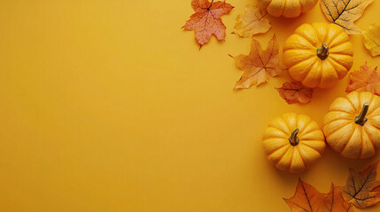Obraz premium Autumn Season with Pumpkins and Colorful Leaves Set Against a Bright Yellow Background