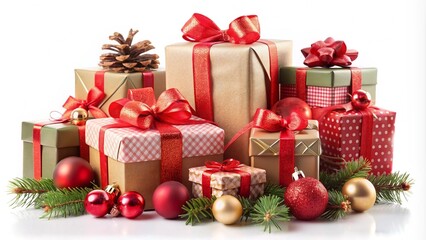 Obraz premium Christmas Gift Boxes with Red Bows and Holiday Decorations on White Background