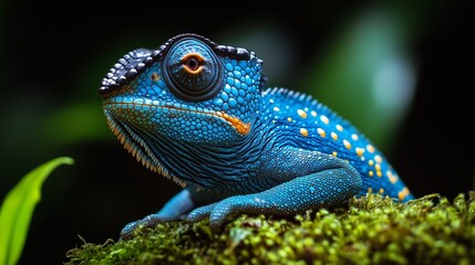 Fototapeta premium A colorful chameleon with its head tilted and eyes open, sitting on moss in the rainforest