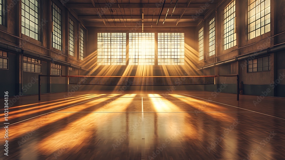 Leinwandbilder an empty gymnasium illuminated by sunlight streaming through large windows, creating warm rays and s