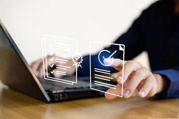 Conduct online surveys, select the correct answers, evaluate, fill out certificate forms, and manage digital documents online on a laptop.