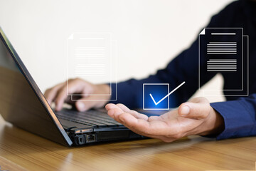 Complete online surveys, select correct answers on exams, complete assessment forms, and manage digital documents online on a laptop computer.