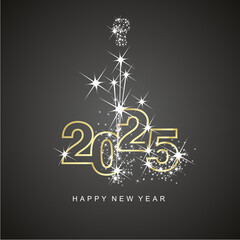 Happy New Year 2025 greetings white firework golden line design numbers black color background