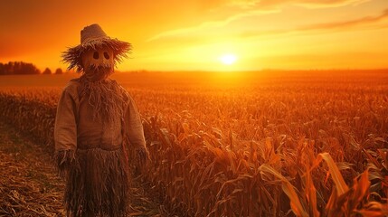 Fototapeta premium Scarecrow in cornfield at golden sunset, fall vibes