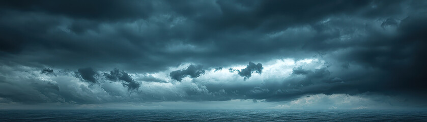 Obraz premium Dark clouds loom over calm ocean, creating dramatic and moody atmosphere. overcast sky hints at impending storm, evoking sense of anticipation and awe
