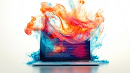 A laptop with code flowing out of the screen, colorful data visualizations swirling around it, set against a white background