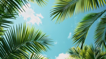 Fototapeta premium Palm Leaves Against a Blue Sky: Tropical Summer Scenery
