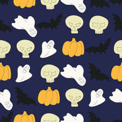 Hand Drawn Happy Halloween Seamless Pattern. Pumpkin, Ghost, Bat, Skull Sketch illustration