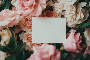 Bouquet of flower with an empty blank plain white greeting card on it for design mockup